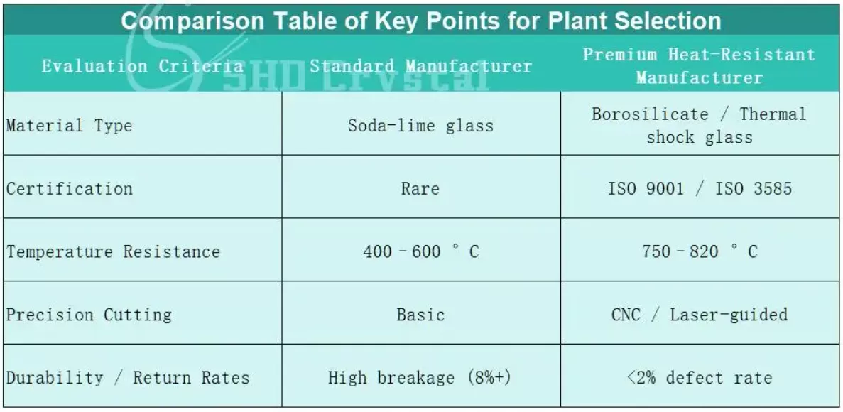 Comparison Table of Key Points for Plant Selection